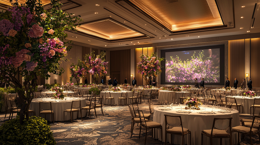 Salle de réception élégante avec service traiteur et décoration florale