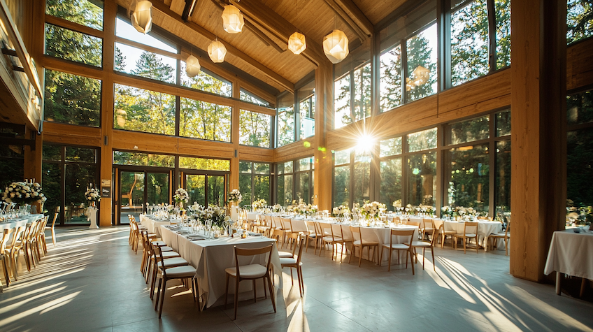 Salle de réception avec décoration naturelle et matériaux recyclés