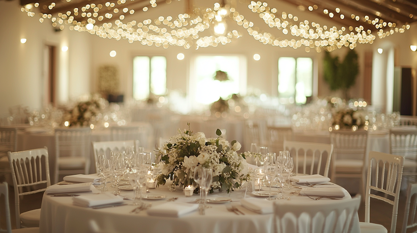 Décoration lumineuse et florale pour une salle de mariage