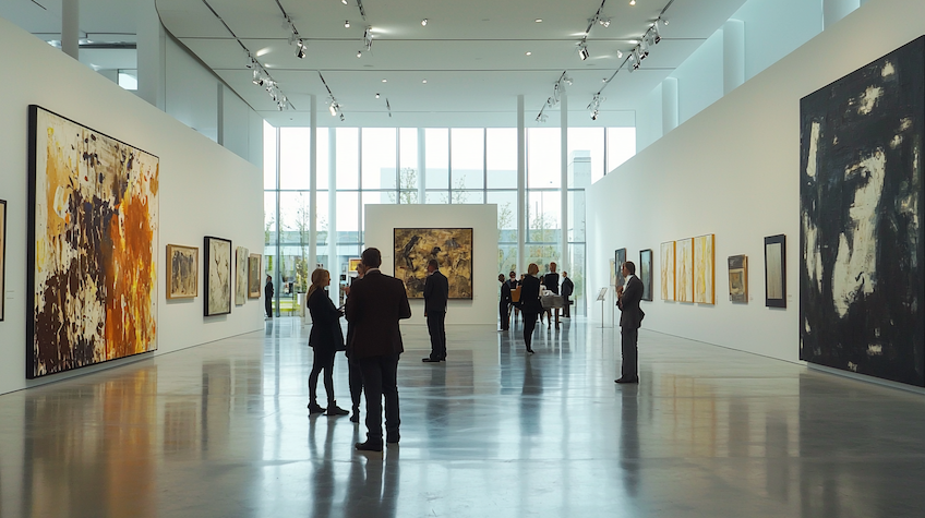 Galerie d'art lumineuse avec des œuvres abstraites accrochées aux murs