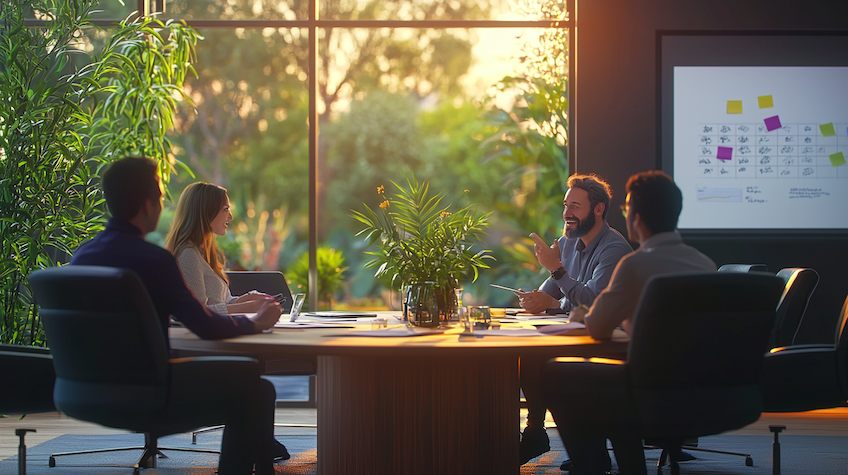 Organisateur en discussion avec un couple pour changer la date de location d’une salle de réunion