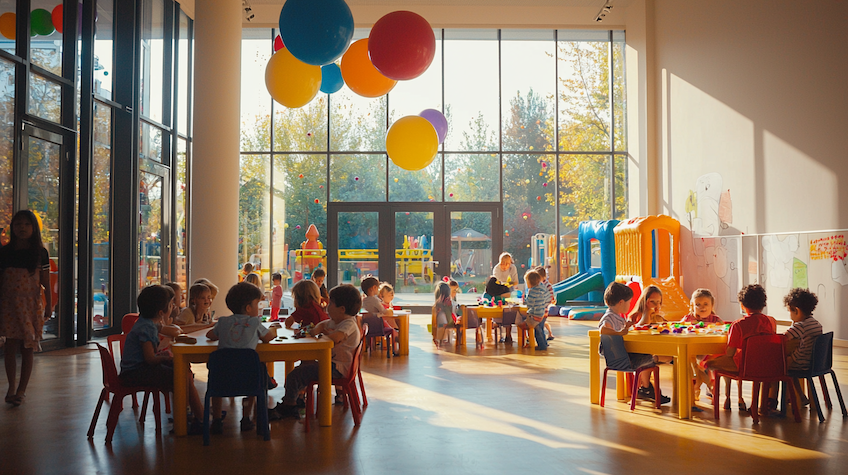 Salle pour événement avec des enfants, bien organisée et sécurisée