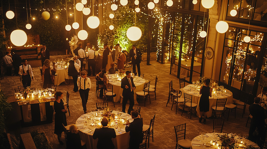 Salle de réception avec guirlandes lumineuses et bougies